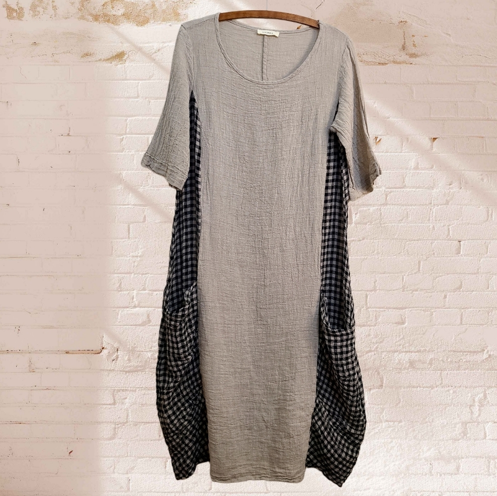 Luukaa Linen-Blend Gingham Dress In Beige + Black Size 0 Designed In France - Picture 2 of 6